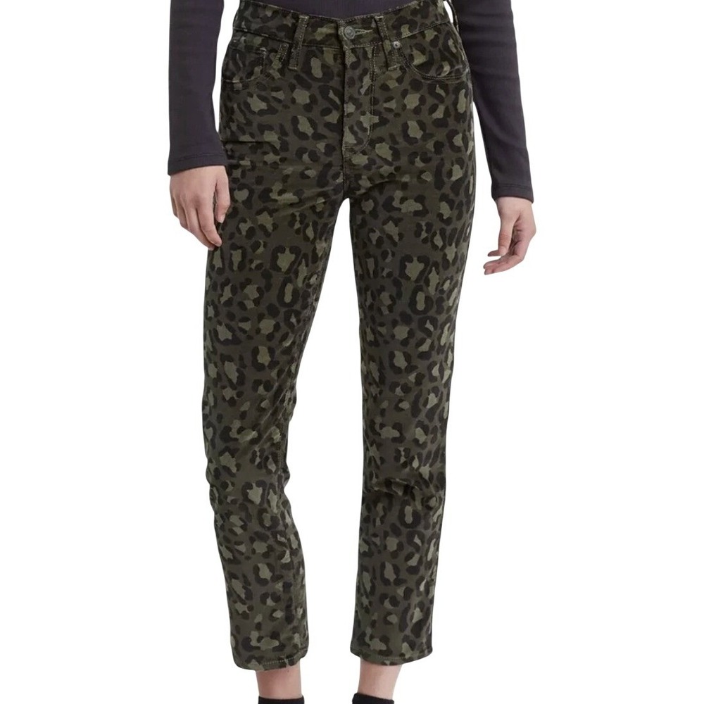 Levi's 724 High Rise Straight Crop Leopard Print Olive Green Womens 31 Jeans